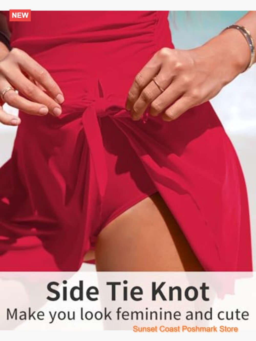 Tummy Control One Piece Swim Dress Scalloped Modest Tie Knot Bathing Suit - Picture 4 of 7
